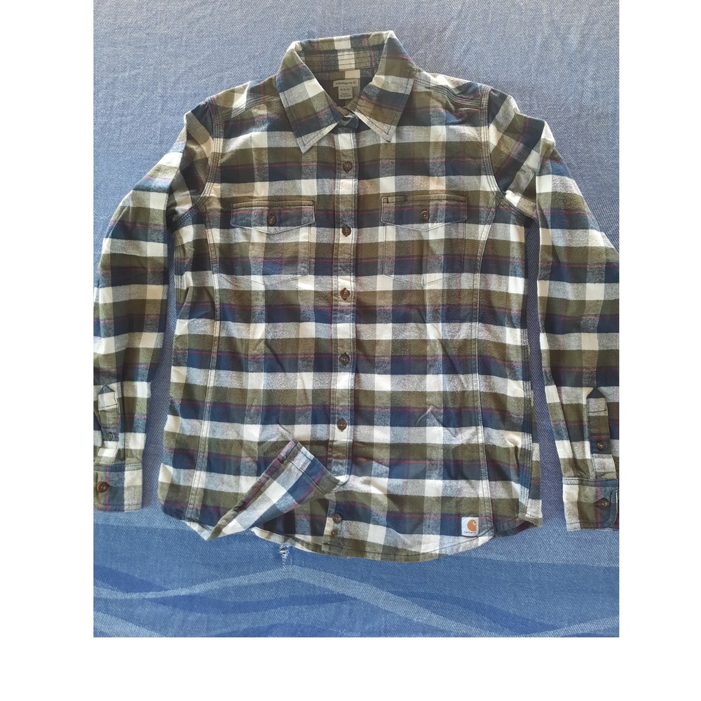 Carhartt Women Medium Hubbard Plaid Flannel Utility Shirt Olive Navy Button Down